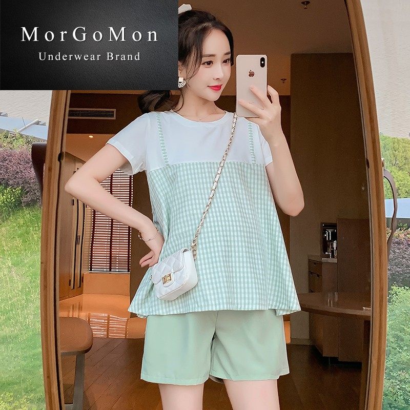 孕妇夏装外出时尚款上衣产检妈短裤 morgomon慕格蔓套装
