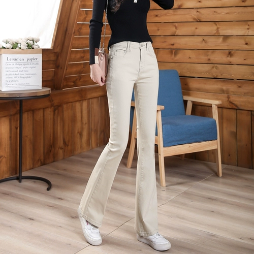 Бежевые джинсы, осенние штаны, леггинсы, приталенные штаны-клёш, коллекция 2023, высокая талия