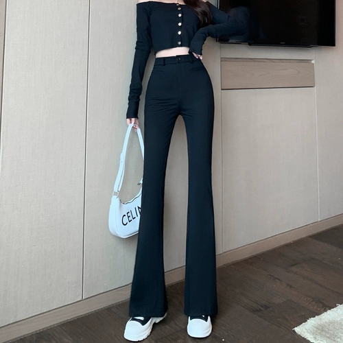 Штаны-клёш, утепленные эластичные черные длинные штаны для отдыха, высокая талия, подходит для подростков