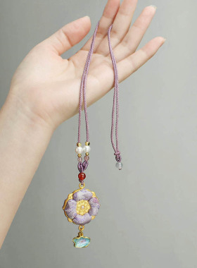 【成品】非遗仿宋锦四叶花项链女双面花朵吊坠长款毛衣链配饰礼物