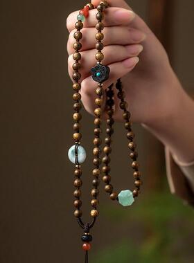 沉香木佛珠项链手工编织多宝和田玉佩吊坠挂绳男女吊坠绳