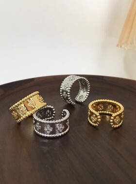 欧美风万花筒镶钻四叶草开口戒指