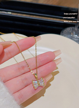 小众轻奢蝴蝶结超闪金色锁骨链