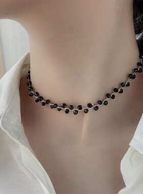 黑色水晶项链锁骨链女小众设计感