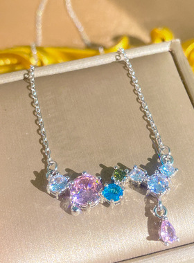 小众梦幻彩色心电图水晶钛钢项链