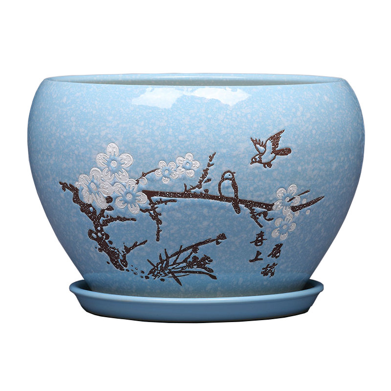 【孔雀蓝】花盆陶瓷特大号配托盘 创意简约绿萝家用圆形兰花花盆,淘宝优惠券,粉丝福利购,淘宝优惠卷