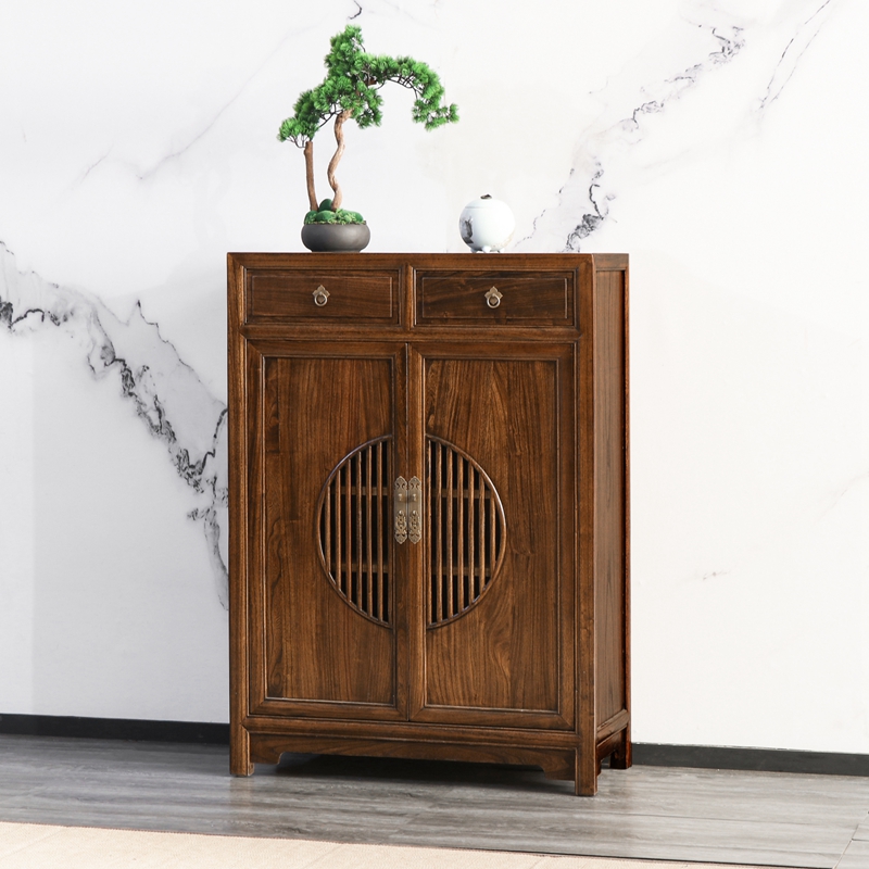 新中式禅意鞋柜入户实木简约玄关门厅收纳柜茶水柜隔老榆木断边柜 - 图0