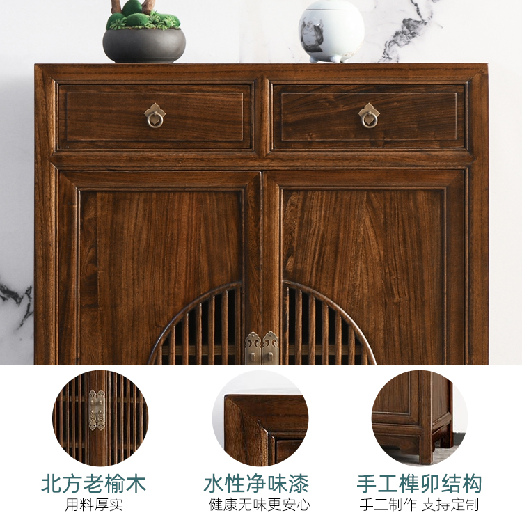 新中式禅意鞋柜入户实木简约玄关门厅收纳柜茶水柜隔老榆木断边柜 - 图2