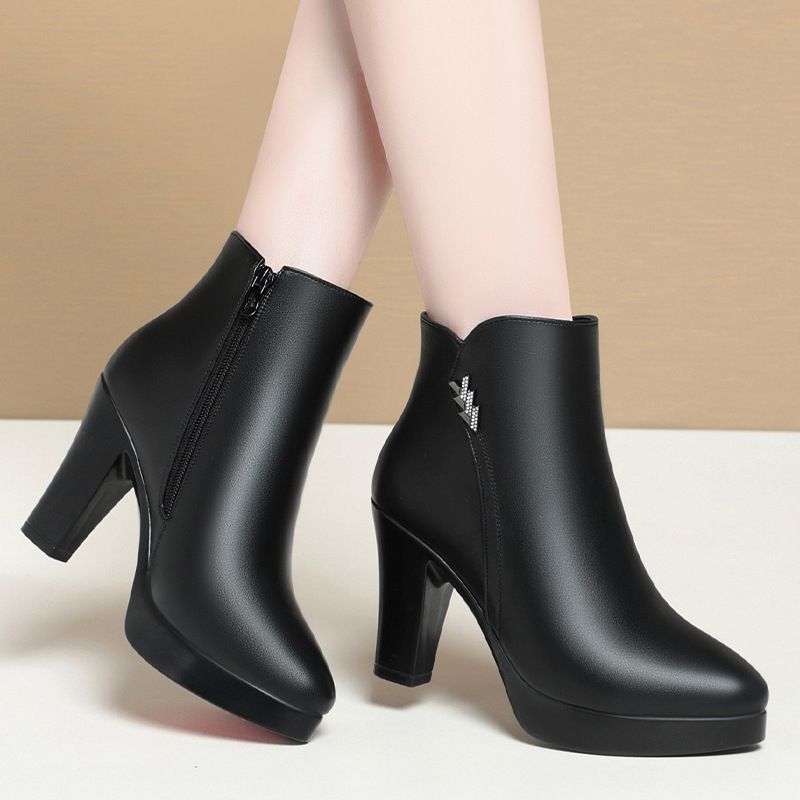 尖头短靴女春秋单靴2025新款粗跟秋冬季靴子高跟鞋皮鞋皮棉鞋 - 图2