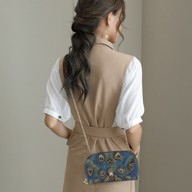 中国风真皮手拿包女士印花斜挎小包 草木生箱包女士包袋