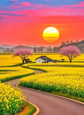 油菜花自粘贴画治愈系朝霞
