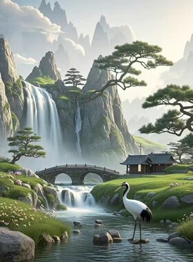 中式山水自粘防水客厅背景墙贴