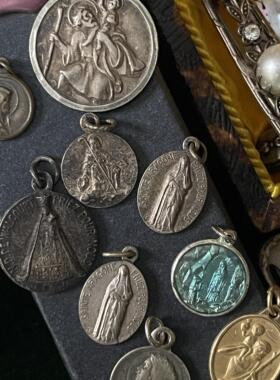 vintage法国古董浮雕古典人像珐琅铜镀银项坠中古奖章铜链另单拍