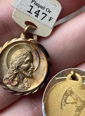 vintage法国古董浮雕古典人像勋章双面铜镀银项坠奖章哥特暗黑饰