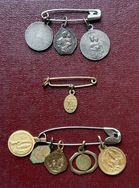 vintage法国古董包金铜镀银人物建筑中古章牌奖章吊坠组合项链