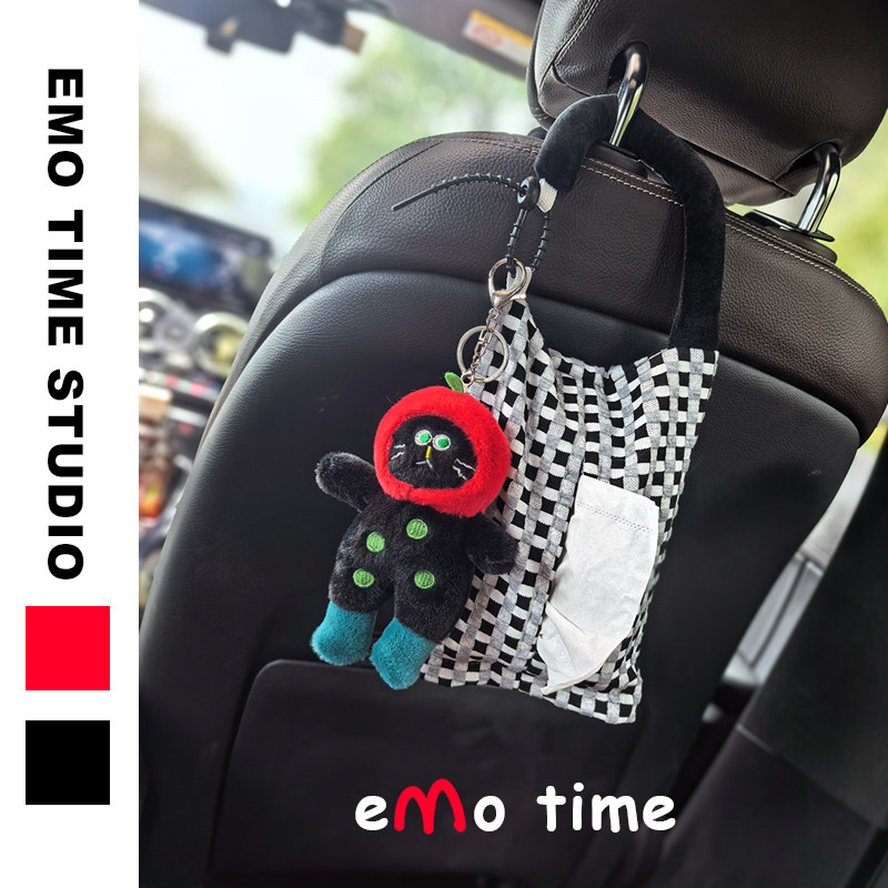 emo平安果小黑猫车载棋盘格纸抽盒可爱丑萌毛绒抽纸盒车内装饰品,淘宝优惠券,粉丝福利购,淘宝优惠卷