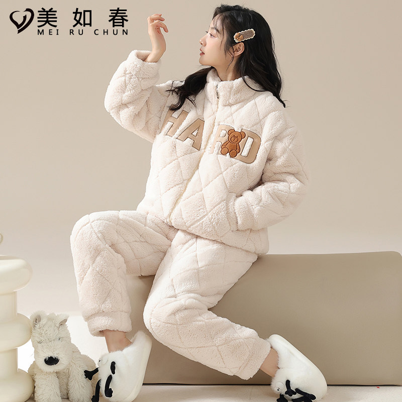 夹棉三层加厚冬季女士睡衣2025年新款法兰绒卡通家居服珊瑚绒套装,淘宝优惠券,粉丝福利购,淘宝优惠卷
