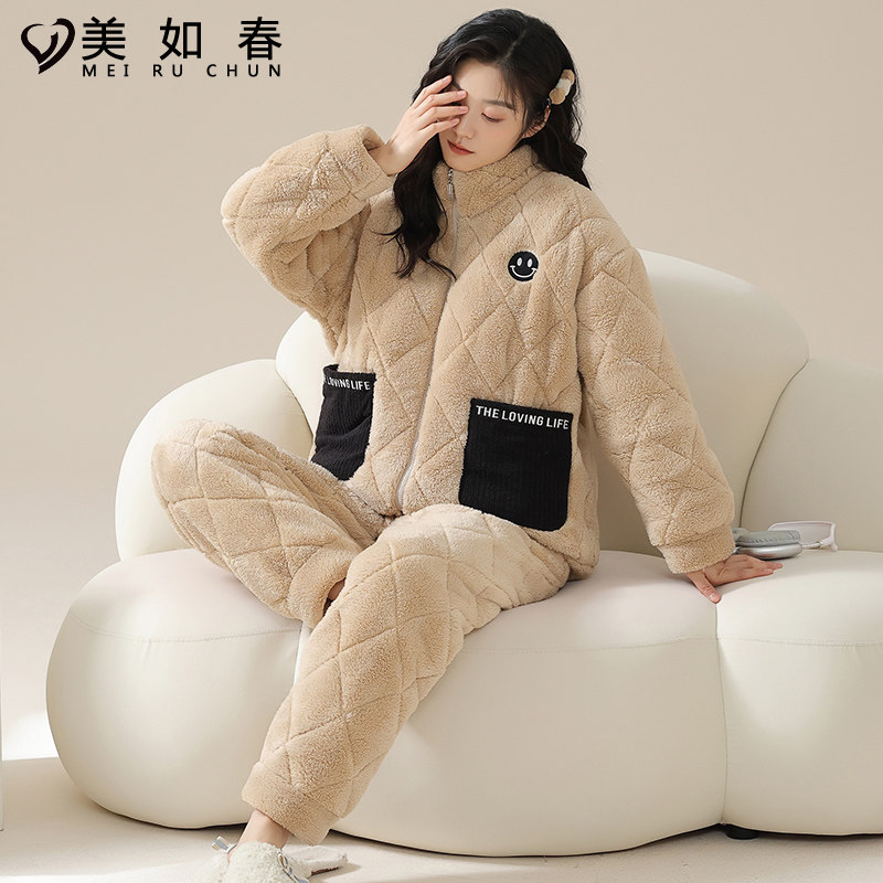 夹棉三层加厚冬季女士睡衣2025年新款法兰绒卡通家居服珊瑚绒套装,淘宝优惠券,粉丝福利购,淘宝优惠卷