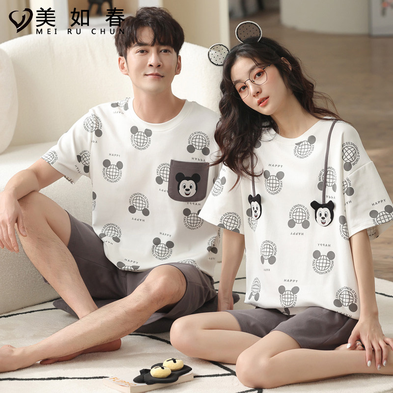 纯棉情侣夏季短袖短裤休闲青年睡衣 美如春睡衣/家居服套装