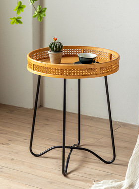 可移动茶几推车h置物架双层藤编带轮小桌子复古客厅小户型沙发边