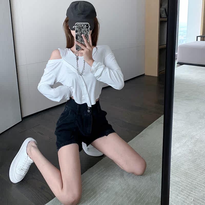 纯欲风辣妹夏不规则露肩连帽+t恤 宝媞奴时尚套装