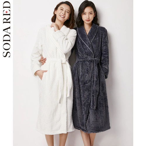 Фланелевый зимний длинный банный халат, коралловая бархатная утепленная пижама для влюбленных, большой размер
