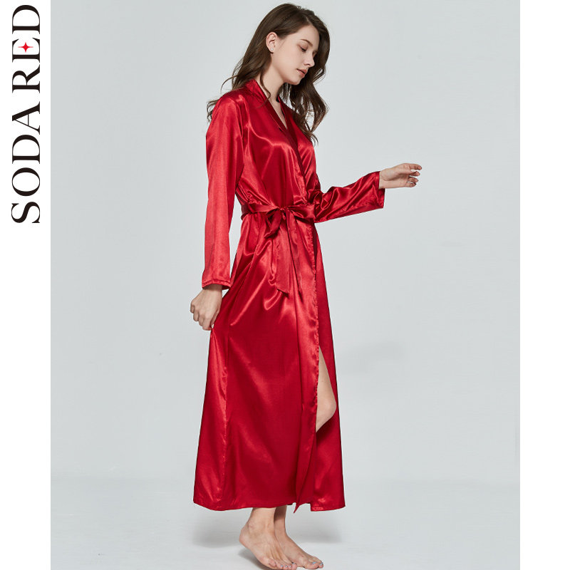 新娘春秋季性感长款浴袍冰丝绸晨袍 苏打红睡袍/浴袍