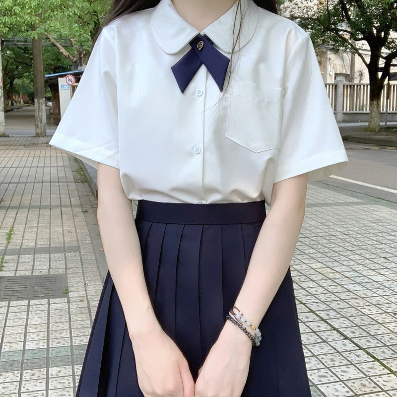 圆领学院风白衬衫女短袖夏季基础款小个子纯色百搭jk学生制服上衣