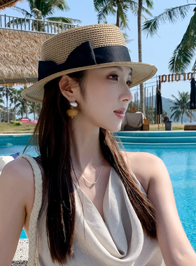 法式复古黑草编平顶遮阳防晒帽女