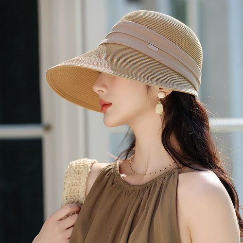 新款时尚草帽女2025夏编织镂空透气遮太阳防晒帽大檐鸭舌帽可折叠 - 图0