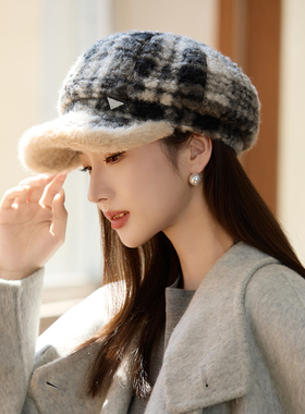毛边格纹鸭舌帽女士秋冬季