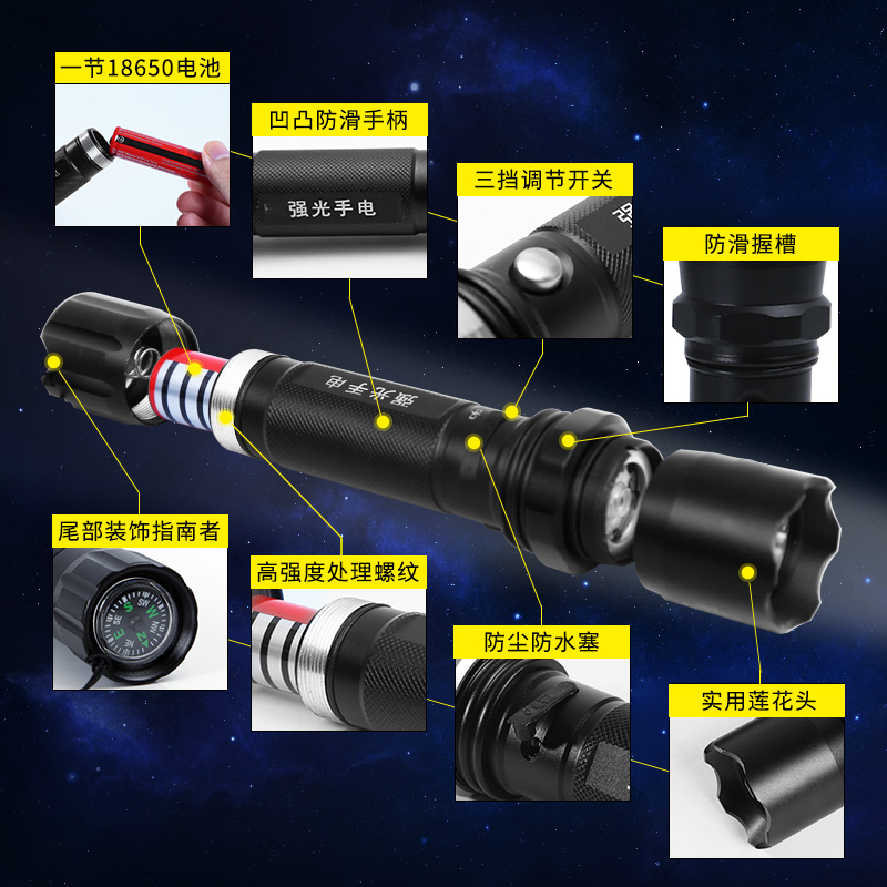 户外强光手电筒 尾部带指南针 可充电强光手电筒 led强光远射电筒 - 图2