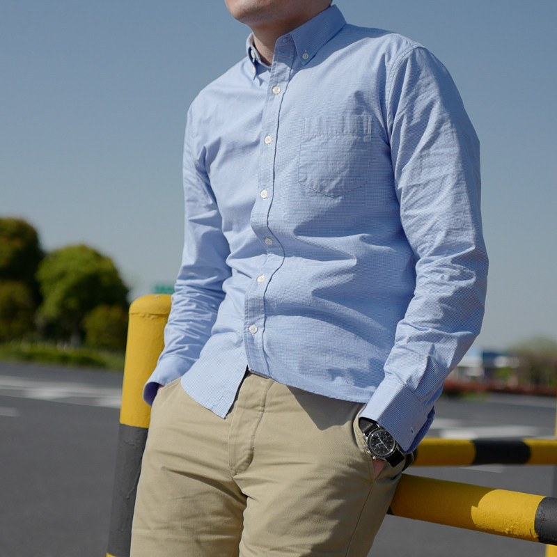 BF帅气小清新蓝白细格子衬衫男长袖高支纯棉修身青年商务休闲衬衣,淘宝优惠券,粉丝福利购,淘宝优惠卷