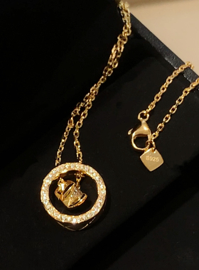 小香风新款圆形coco菱格纹水冰月项链通体925纯银女精致锁骨链