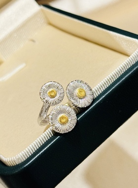 新款三朵花小雏菊戒指通体925纯银开口复古褶皱太阳花女戒布契风