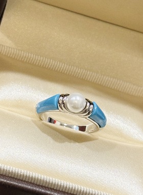新款高级感蓝松绿松罗缎珍珠戒指通体925纯银女戒蓝色小众设计感