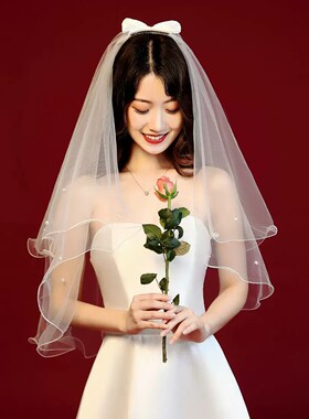 法式新娘白色蝴蝶结珍珠短款头纱婚礼拍照领证登记结婚小头纱
