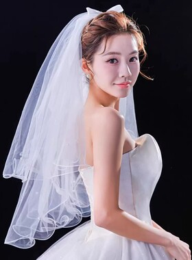 领证结婚头纱蓬蓬纱求婚登记新娘头饰拍照道具头饰白色蝴蝶结发夹