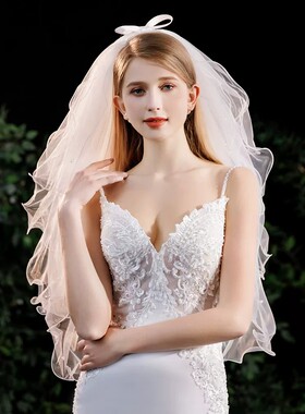 白色多层网纱头纱女结婚求婚登记领证拍照道具森系珍珠蝴蝶造型