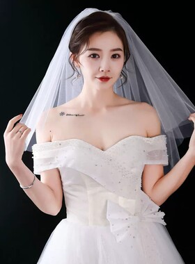 法式白色领证小头纱头饰 简约短款新娘结婚登记拍照道具婚纱饰品