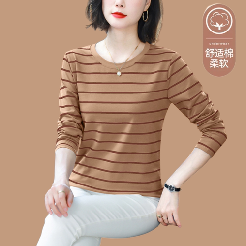 春秋装遮肚子纯棉上衣长袖t恤女宽松大码条纹秋衣薄款内搭打底衫 - 图0