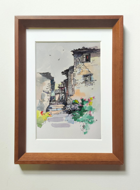 纯手绘钢笔淡彩水彩画书房卧室厨房挂画新中式古镇风景装饰画定制