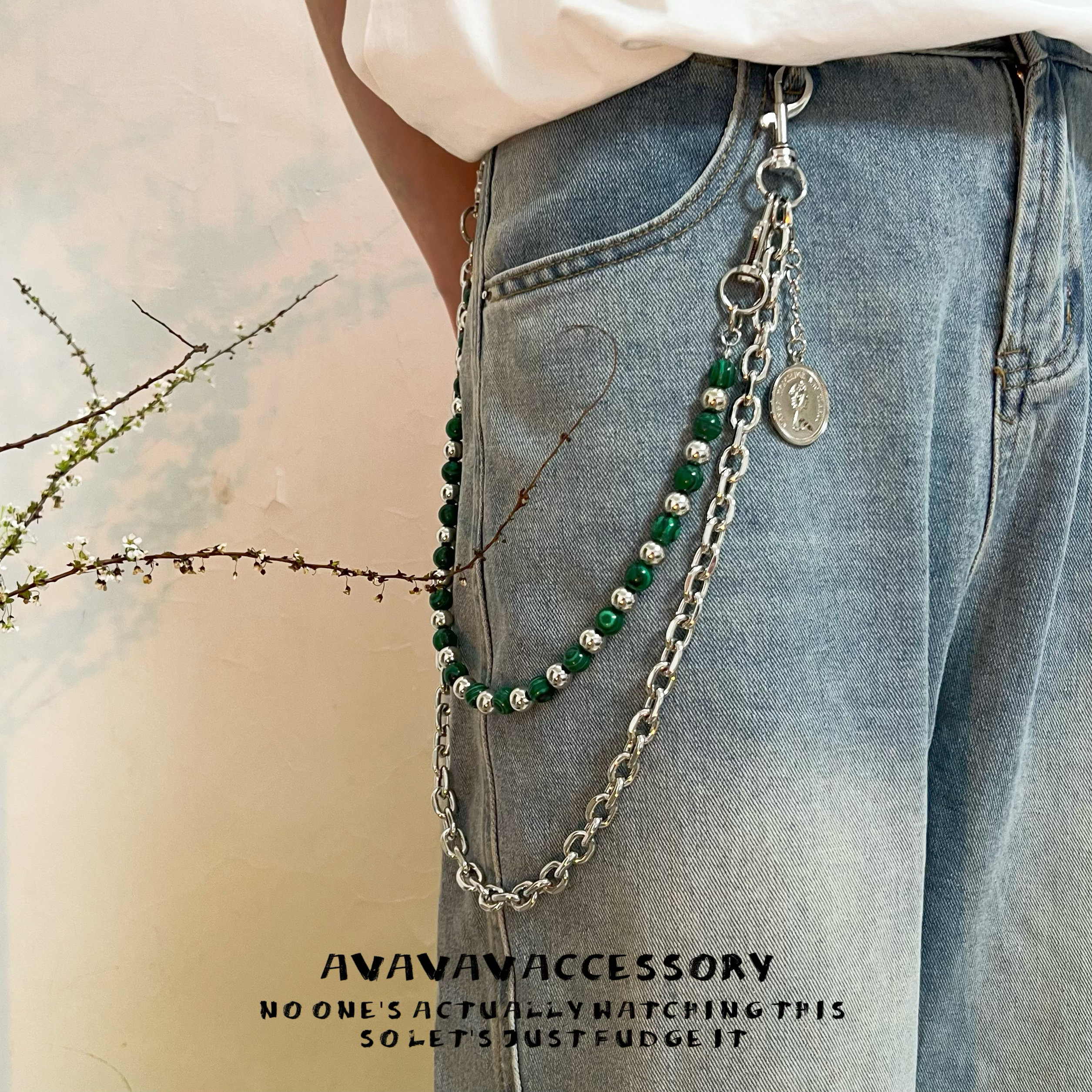 AVAVAV蓝底黑纹松石手工串珠裤链复古街头单边可拆卸吊坠diy配饰