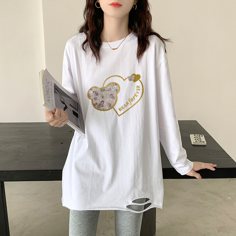 白色中长款内搭打底衫女装2025新款春秋冬季加绒破洞长袖t恤上衣