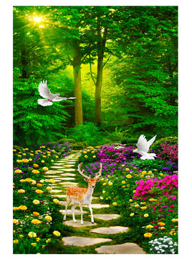 竖版树林鲜花平安鸽发财鹿路路高升电视背景墙玄关风景装饰自粘画