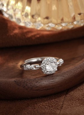 S999纯银足银方糖戒指女ins小众轻奢高级感方钻链条食指开口指环