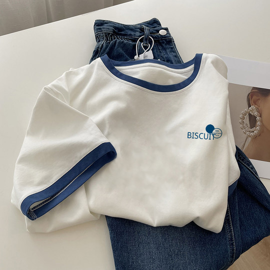 白色圆领纯棉短袖t恤女夏季宽松2025年新款女装印花体恤美式上衣