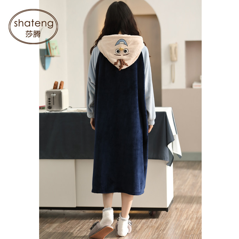 少女秋冬季珊瑚绒长款加绒连帽睡袍 莎腾睡袍/浴袍