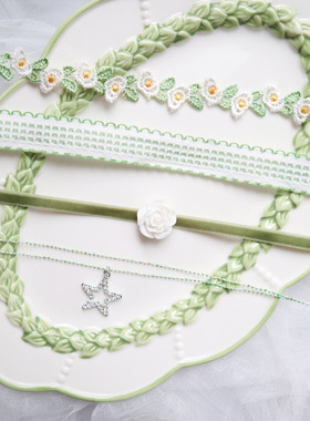 跨境新品饰品花卉颈带绿色爱心吊坠颈链Choker锁骨链蝴蝶结项链女