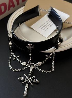 哥特朋克风黑色十字架皮革项圈女choker颈环项链亚比配饰颈链饰品